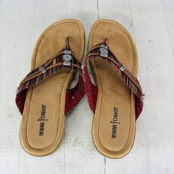 Minnetonka SILVERTHORNE Colored Strips Metal Accent Thong Slide Sandals Size 11 - Picture 8 of 16